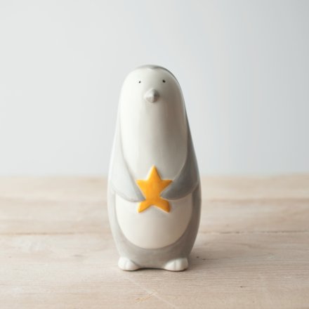 Ceramic Penguin With Star, 13cm 