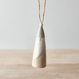 A festive themed hanging gnome with neutral colour tones and a simple string hanger