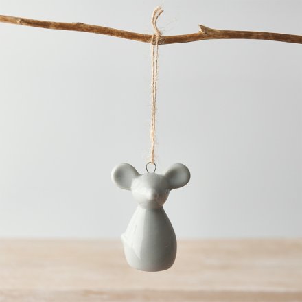 Hanging Ceramic Grey Mouse, 6.5cm 