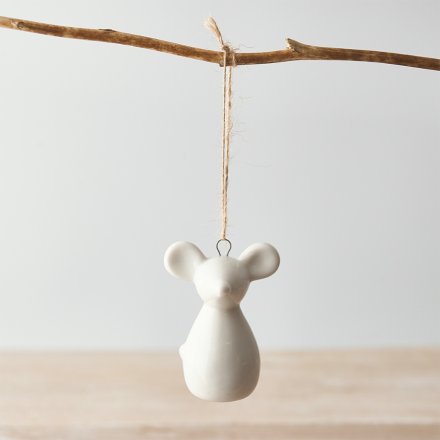 Hanging Ceramic White Mouse, 6.5cm 