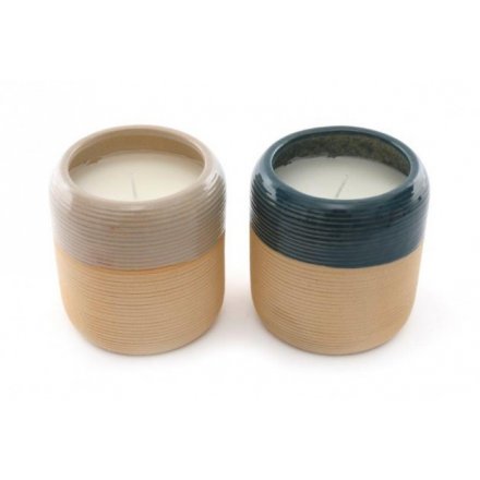 Blue and Beige Ribbed Candle Pots, 9cm 