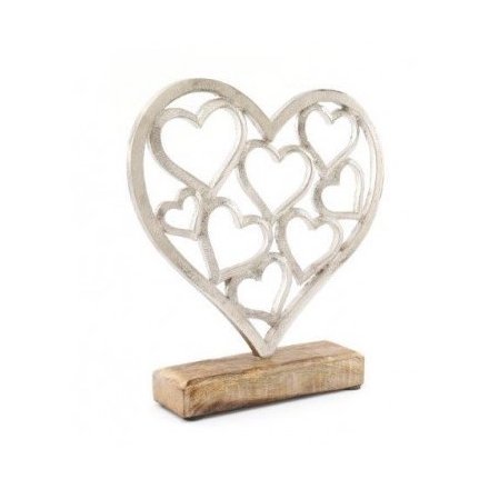 Aluminium Heart On Wood Base, 22cm 