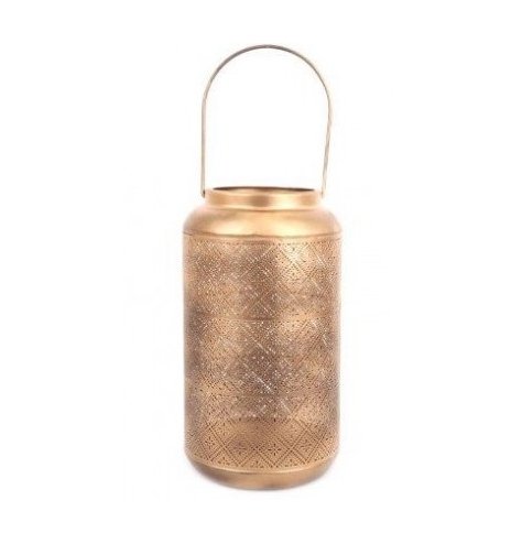 This Golden Luxe accent is an asset to any home space, a tall metal lantern with a cut out decal