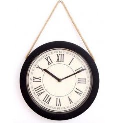 A round wall clock set with a chunky rope hanger and rustic inspired setting to it 