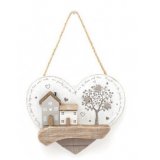  An overly distressed white wooden heart plaque, complete with a sweet house scene and tree decal to the foreground 