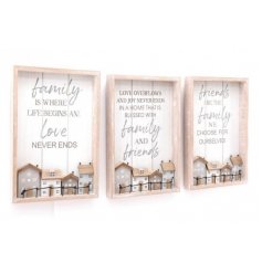  An overly distressed mix of wooden plaques, each complete with a sweet house scene and tree decal to the foreground 