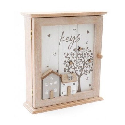  An overly distressed white wooden storage box, complete with a sweet house scene and tree decal to the front 