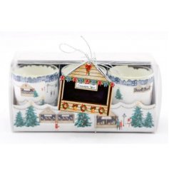   A set of glass candle pots complete with a festive Christmas Market printed packaging and surrounding design 