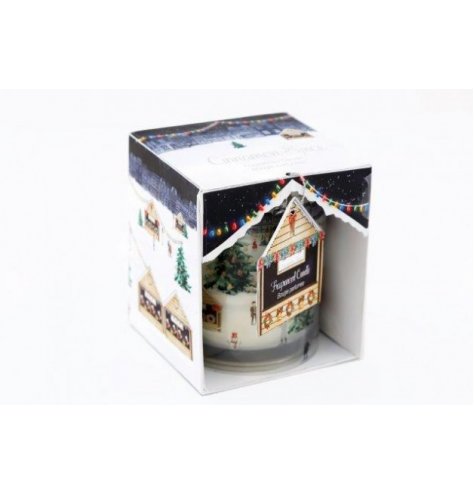 A small scented candle within a charming Christmas Town inspired packaging 