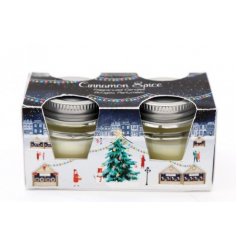  A set of mini glass candle pot complete with a festive Christmas Market printed  packaging 