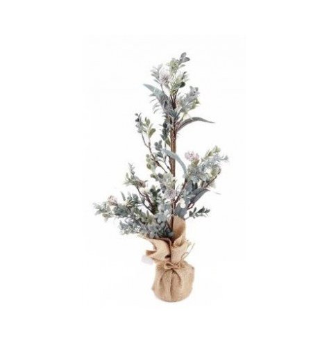 An artificial Sage and Snowberry covered tree with added frosted glitter and set in a hessian wrapped pot 
