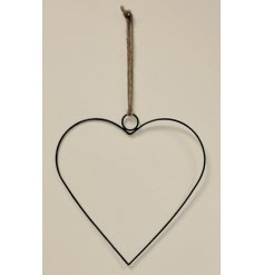 A simple black toned wire heart shaped hanging decoration with only a jute string to features