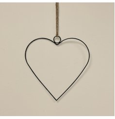  A simple black toned wire heart shaped hanging decoration with only a jute string to features