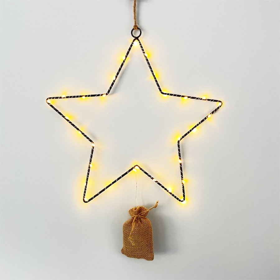 A stunning black wire star decoration with LED lights and a hessian battery bag 