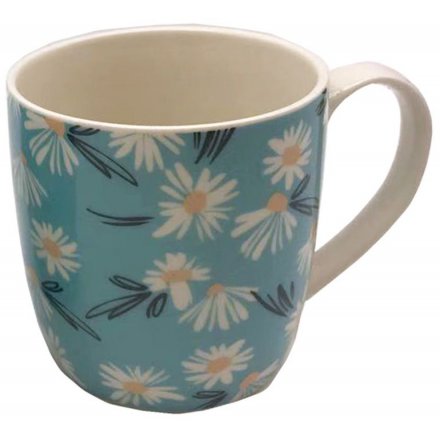 a ceramic mug featuring a chic blue hue with daisy decal 