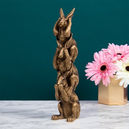 Bronzed Stacked Hares Ornament, 29cm