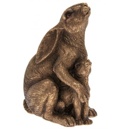 Bronze Gazing Hare & Baby Ornament, 12cm