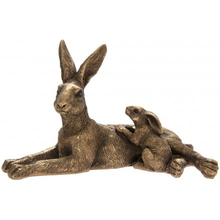 Bronze Laying Hare & Baby Ornament, 17cm