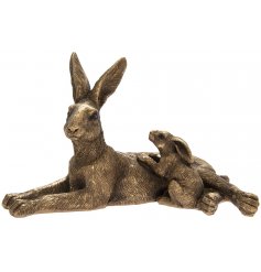 A bronze toned Resin based Hare and Baby Ornament, complete with intricate detailing and a laying pose