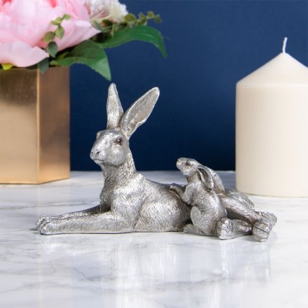 Silver Hare & Baby Ornament, 17cm