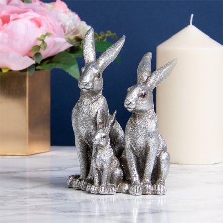 Posed Hare Family Ornament, Silver 