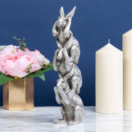 Silver Art Stacked Hares Ornament, 29cm