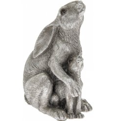  A sleek and beautifully detailed gazing hare with baby figure in a Silver Tone