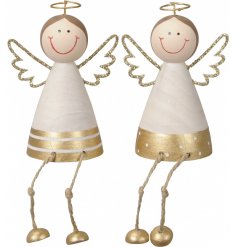 A festive themed assortment of shelf sitting angel figures with cute smiles and a white and gold colouring 