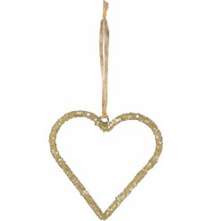 A glittery gold themed hanging heart with an added gold organza ribbon 