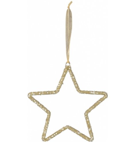 A gold glitter based star hanger with an organza ribbon for hanging 