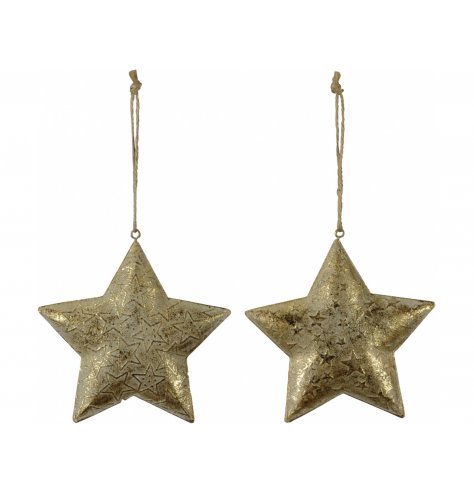 An assortment of hanging metal stars with tarnished gold toning and added starry decal on each 