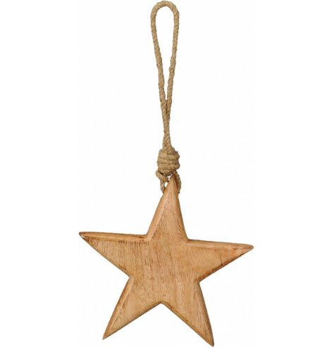 A simple natural wooden star with a chunky rope hanger, suitable for all themed displays at Christmas 