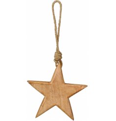 A simple natural wooden star hung from a chunky jute string 