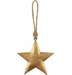A rustic inspired hanging metal star with a tarnished gold decal and chunky rope hanger 