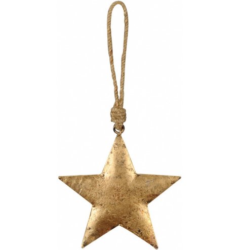 A hanging metal star with a tarnished gold detailing and chunky rope hanger 