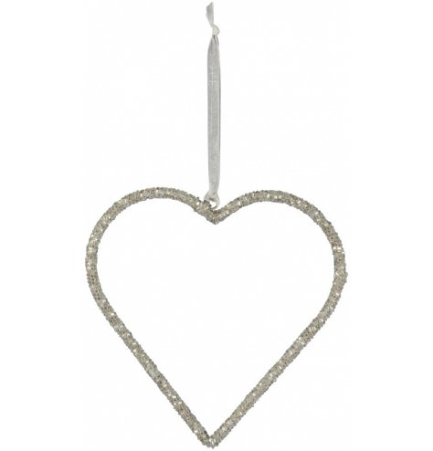 A small hanging heart decoration with a glittery sequin finish and organza ribbon 