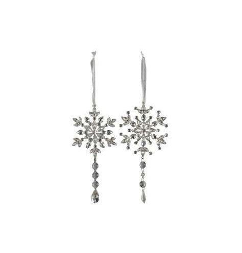 A stunning assortment of hanging snowflakes, each featuring acrylic crystals and hanging charms 