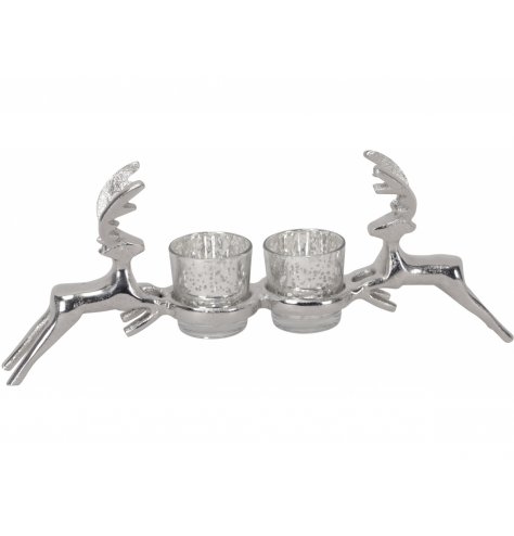 A gorgeously simple inspired posed stag candle holder with 2 mercury splash tlight pots in its centre
