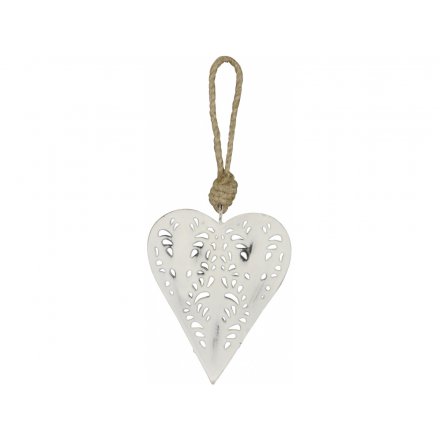 Distressed White Heart Hanger, 11cm 