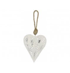 A shabby chic inspired hanging metal heart with a chunky rope hanger and overly distressed white washed finish 