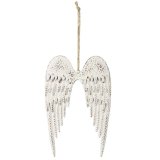 A simple pair of hanging metal angel wings set with a distressed white washed finish 