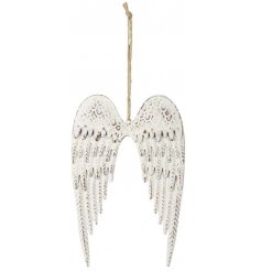 A chic and sweet pair of hanging metal angel wings with a distressed white wash finish 