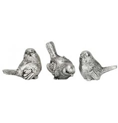 An assortment of festive little birds in posed positions and each coated with a vintage silver tone 