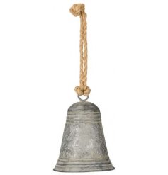 a hanging metal bell with a rustic washed coating and jute hanger  