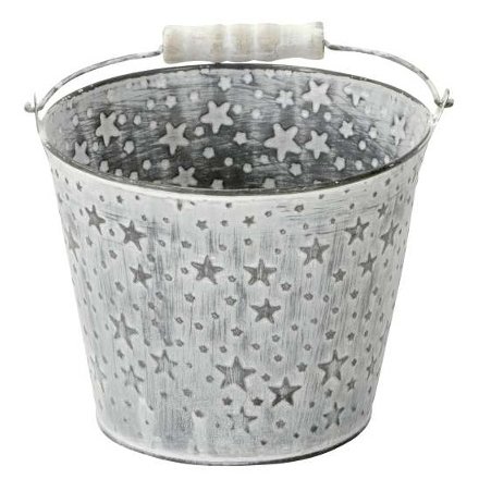 Embossed Bucket With White Wash Finish, 16cm 