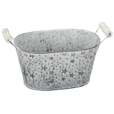 Embossed Bucket With White Wash Finish, 21cm 