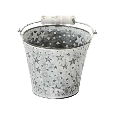 Embossed Bucket With White Wash Finish, 12cm 