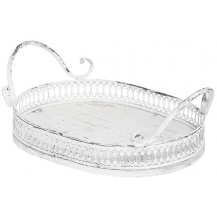 Vintage Round White Tray With Handles, 26.5cm 