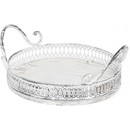 Vintage Round White Tray With Handles, 23cm 