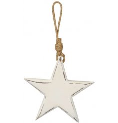 A small wooden star set with a distressed white toned finish and chunky rope hanger for a rustic touch 